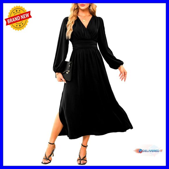 Dresses & Skirts - Elegant Wrap V-Neck Maxi Dress Ruched Empire Waist Long Sleeve Formal Chic